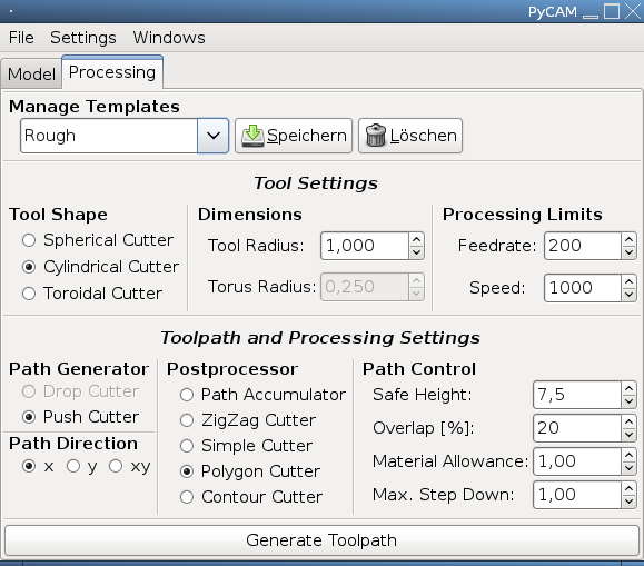 Screenshot of Processing Settings