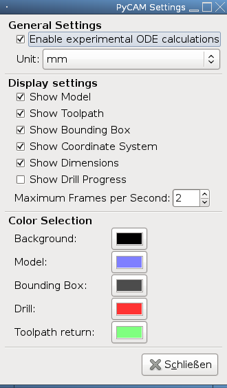 Screenshot of list of PyCAM setting